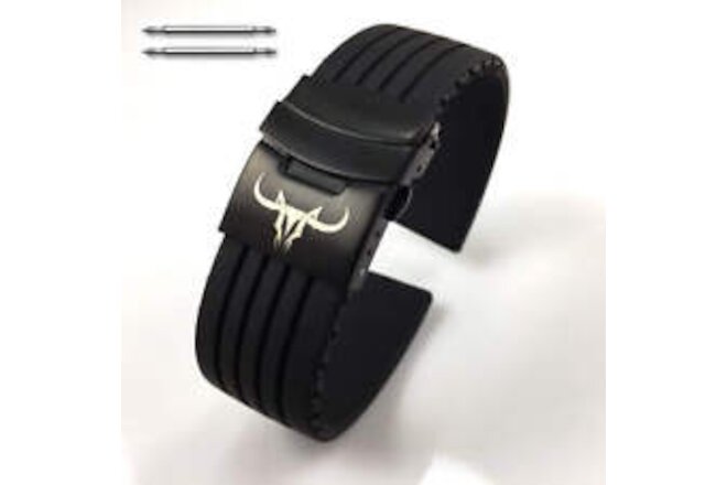 Black Rubber Silicone Watch Band Strap Double Locking Buckle Bull Skull #4012