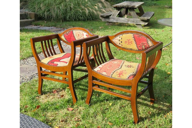 PAIR OF WOODEN ACCENT CHAIRS_Hand MADE IN TURKEY_ANATOLIAN_KILIM_Barrel_Unique