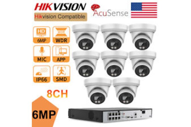 Hikvision Compatible 8CH 8POE 6MP 2-Way Audio Acusense IP Camera CCTV System Lot