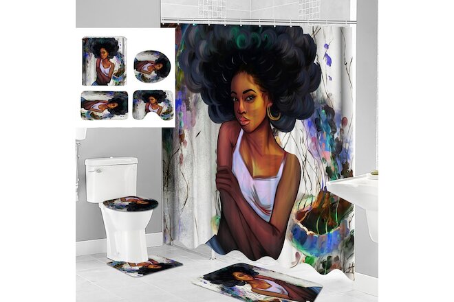 4PCS Shower Curtain Bathroom Rug Set Bath Mat Non-Slip Toilet Lid Cover w/Hooks