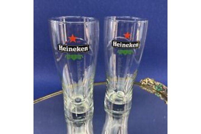 Heineken Pair Of Advertising Beer Glasses 7.5” Etched Promo New From Box ￼