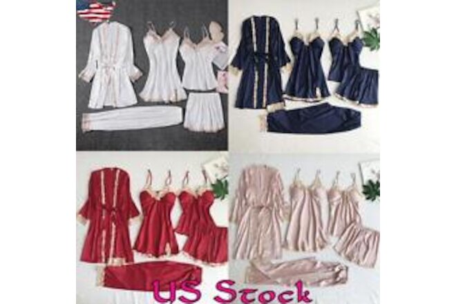 5pcs Women Satin Silk Bathrobe Nightdress Shorts Pajamas Sleepwear Lingeries Set
