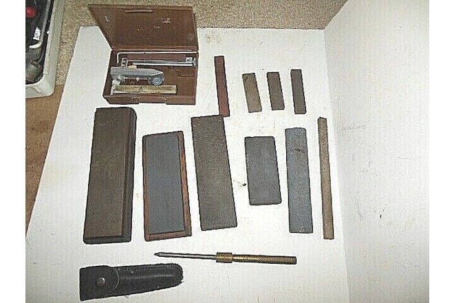 VINTAGE SHARPENING STONE LOT 2 IN WOOD CASE, EZE LAP,. RAY SET, RED , BLACK , GR