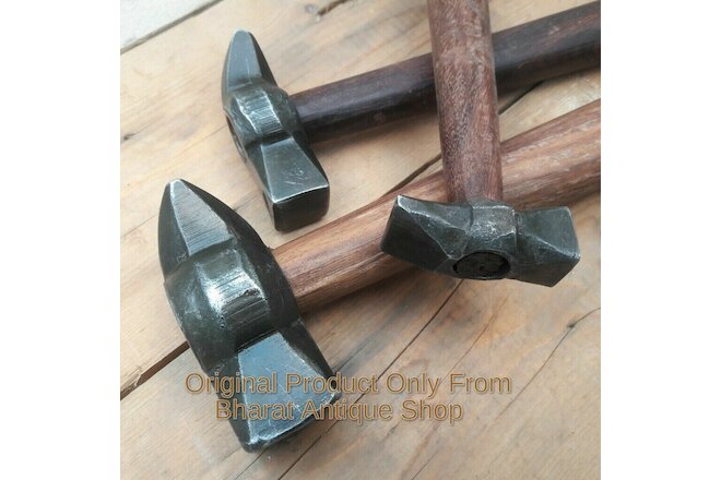 Set of 3 Black Iron Hammer Blacksmith Wooden Handle Collectible