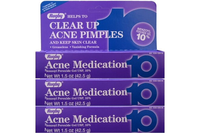 Rugby Acne Gel Benzoyl Peroxide 10% -1.5oz Tube -3 Pack -Expiration Date 11-2023