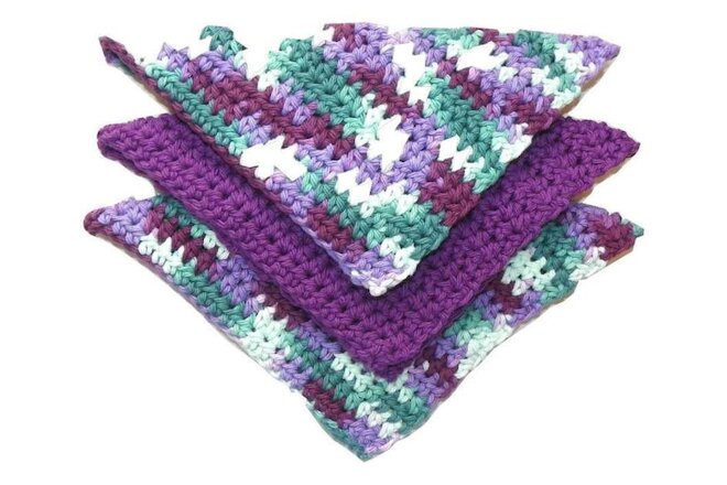 Crocheted Dishcloths, Set of 3 Handmade, Purple-Teal