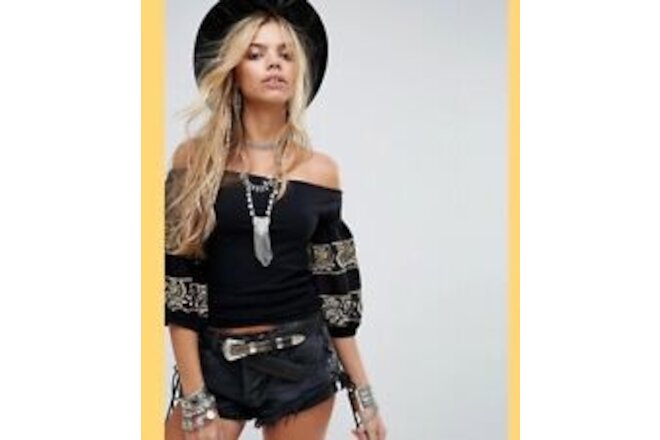 Free People Boho Rock With It Off The Shoulder Embroidered Puff Sleeve Top XS