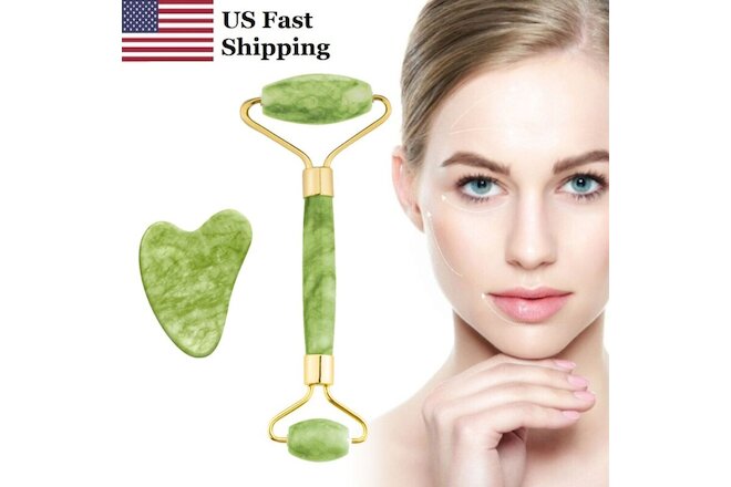 USA Quartz Jade Roller & Gua Sha Set for Face Body Massager Therapy Green Stone
