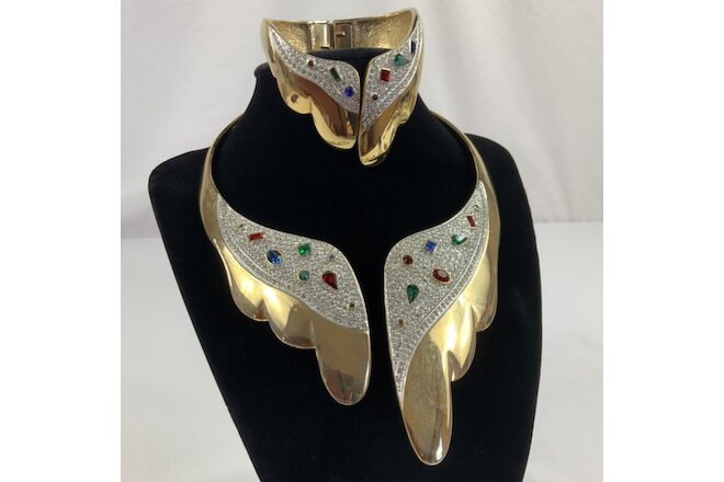 VTG Gold Tone Metal Multicolor Rhinestone Spring Hinged Necklace & Bracelet Set
