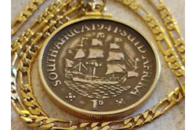 1941 South Africa Dromedaris Sailing Ship  Penny Pendant & 24" Gold filled chain