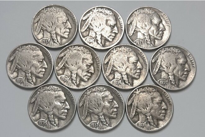 Ten FULL DATE Buffalo Nickels!