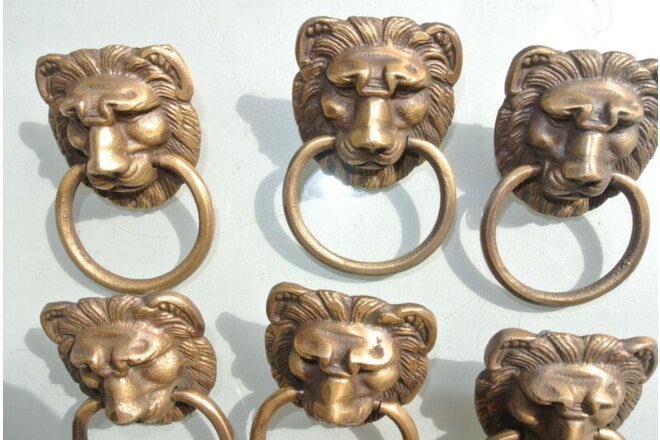 6 LION pulls handles Small heavy  SOLID BRASS old style bolt house antiques B
