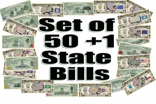 50 + 1 US State Million Dollar Bill Set w Map, Capitol Bldg, Bird, Tree, Flower