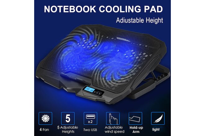 Laptop Cooling Pad 4 Fans Up to 17.3 Inch Heavy Notebook Cooler, Blue LED Lights