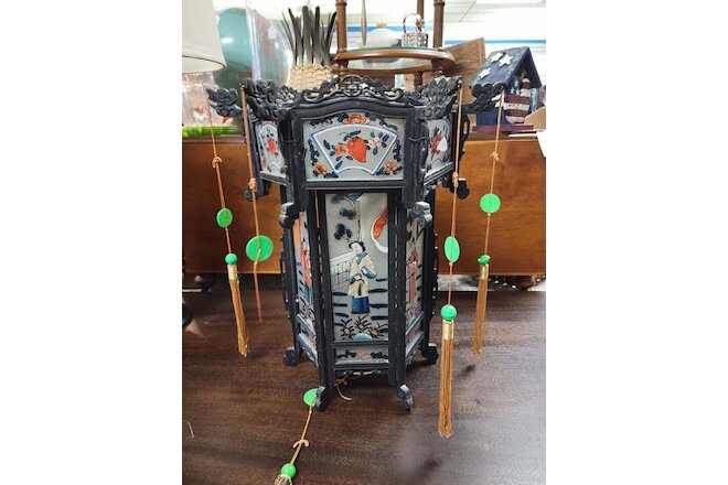 ANTIQUE QING DYNASTY CHINESE Cantonese LANTERN 12 REVERSE PAINTED PANELS 20"