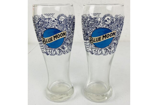 2 Vintage Blue Moon Beer Pilsner Tall Bar Glasses Denver Colorado Theme 1995
