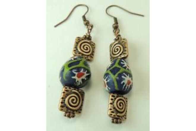 African  Trade Bead  Earrings with Blue Red White  handcrafted
