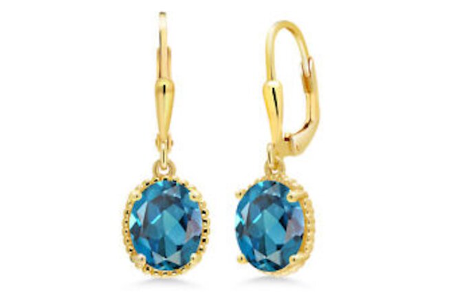 18K Yellow Gold Plated Silver London Blue Topaz Leverback Dangle Earrings For