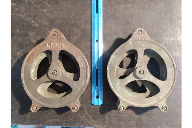 Pair of Vintage All Brass Pulleys, 5.25" Dia. Single Sheaves