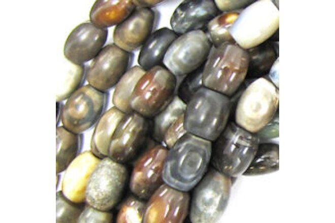 14mm grey brown agate barrel beads 12" strand