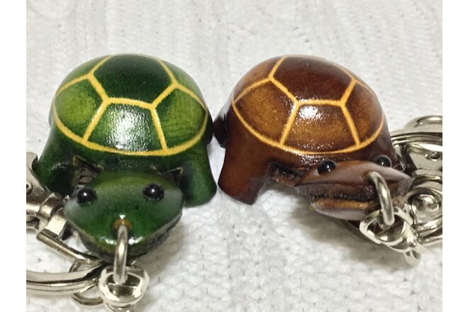 TWO HAND MADE EMBOSSED GENUINE LEATHER TURTLE KEY CHAINS/KEY RINGS(2.25” X 1.5”)