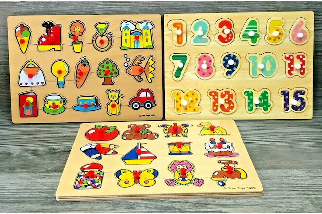 Children VTG Wooden Raised Peg Board Puzzles Bundle Learning Toys Numbers Things