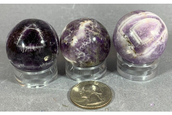 DREAM/CHEVRON AMETHYST spheres (3) WITH STANDS - ALL SPHERES ARE POLISHED