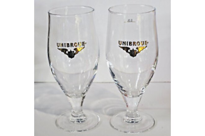 Lot of 2 Unibroue Gold Logo Tulip .3 Liter Beer Glasses 7" Tall