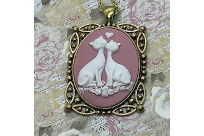 PINK  HEART Gold  BIRTHDAY cameo cat resin cameo Kitten Cat ribbon necklace