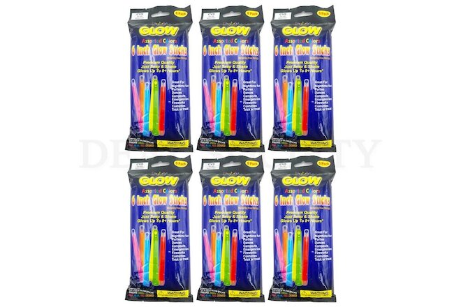 Lot of 6 - Fantasy Glow Assorted Colors Premium 6" Glow Sticks, 6 Sticks Each