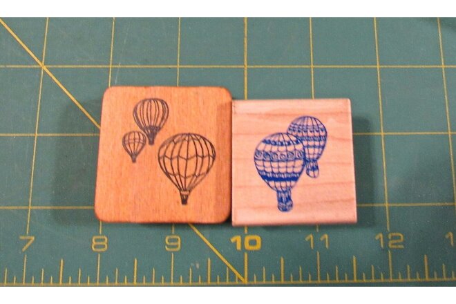 LOT 2 VINTAGE WOOD MOUNTED RUBBER STAMPS HOT AIR BALLOON WITH BASKETS IN THE SKY