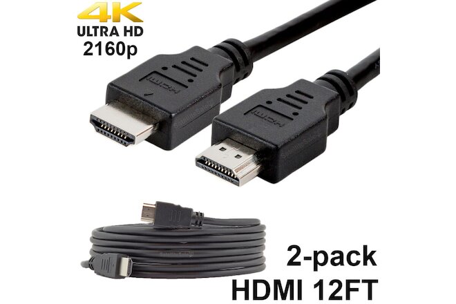 Pack of 2 Digital High-Speed 1.4 HDMI Cables PVC 2160p Black Cord (12 feet)