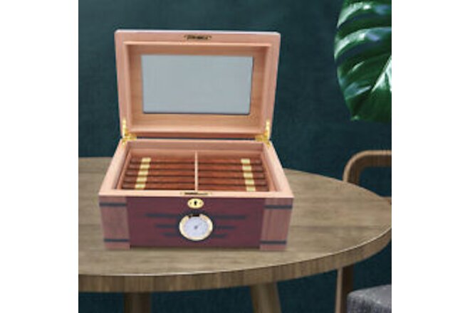 2 Layers Cigar Humidor Cedar Wood Glass Desktop Holds 100 Cigars Brown Box Gift