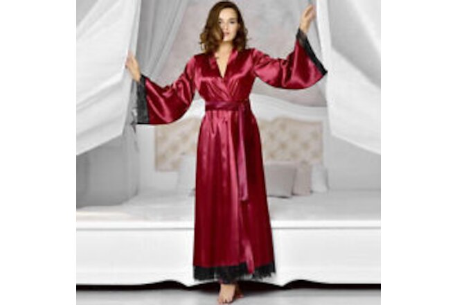 Women Satin Silk Lace Lingerie Sleepwear Sexy Kimono Bath Robes Nightdress Dress