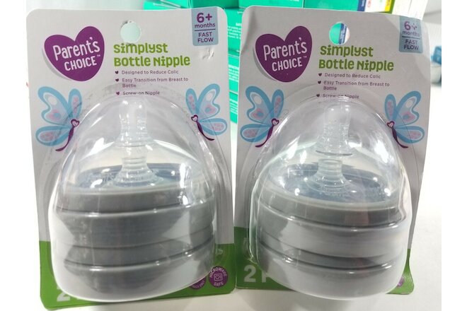 Parents Choice *2 PACK* Simplyst Bottle Nipple Fast Flow 6+ Months 4 TOTAL!