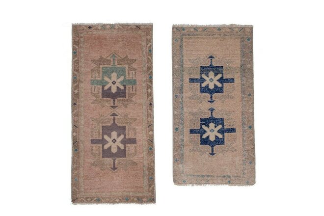 Set of Two Distressed Small Turkish Rug - Pair Kitchen Rug Mat 1'6" X 3'3"