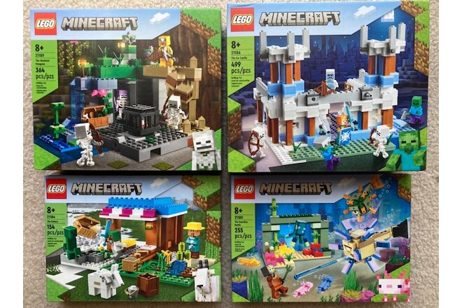 4 LEGO Minecraft Ice Castle 21186 Skeleton Dungeon 21189 Bakery 21184 and 21180