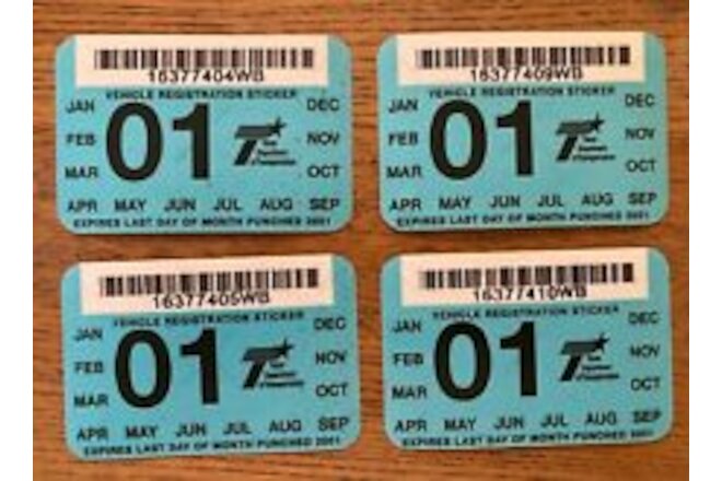TEXAS 4 NEW 2001 Windshield Vehicle Registration/License Plate Stickers Man Cave