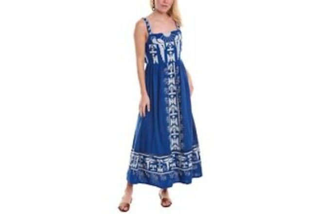 Farm Rio Embroidered Linen-Blend Maxi Dress Women's Blue S