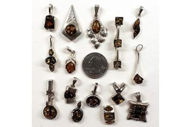 925 Solid Sterling Silver Baltic Amber Clean Shiny Quality Pendants Lot 42 g