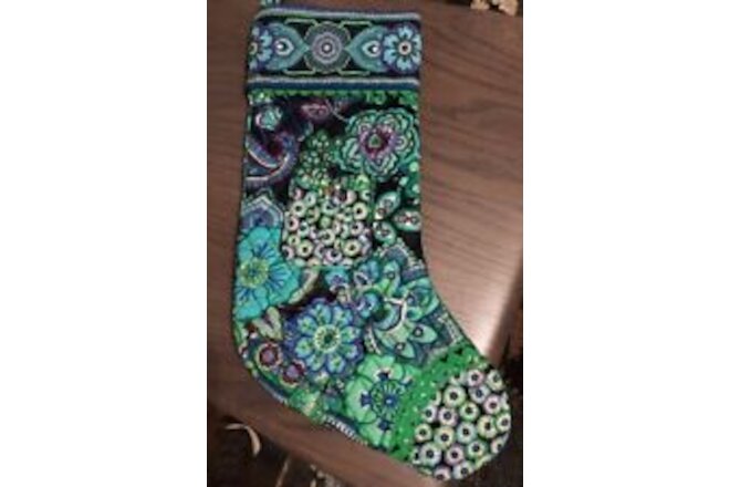 Vera Bradley Blue Rhapsody Stocking  with Pocket & Bells 16"Quilted Fabric