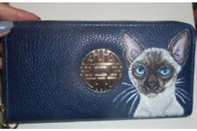 Siamese Cat Wallet for Women Hand Painted Vegan Blue Leather