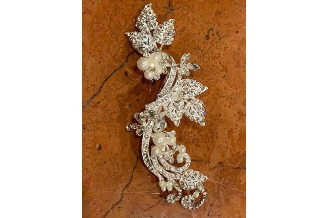 WEDDING FORMAL WHITE FAUX PEARL RHINESTONE SILVER BRIDE BARETTE HEADPIECE NEW