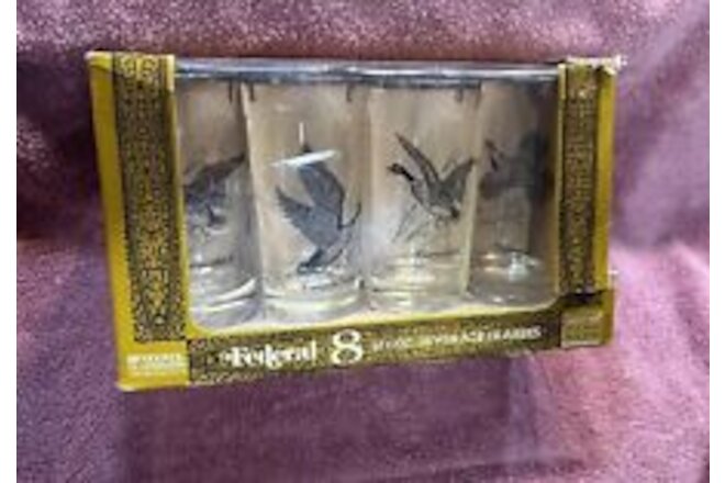 SET Of 8 SHEER RIMMED FEDERAL GAME BIRD DRINKING GLASSES WITH BOX 12.5 OZ.