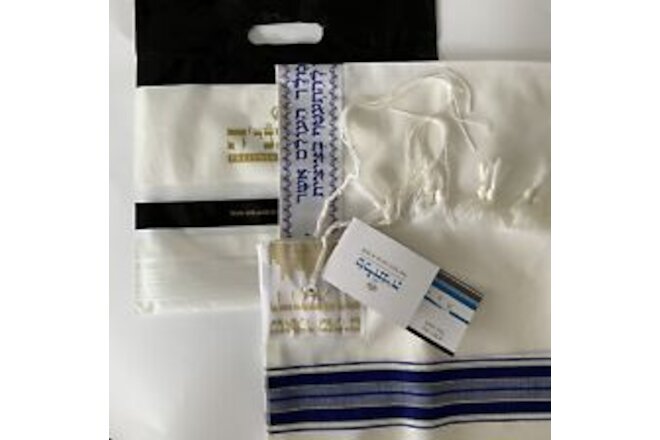 NEW Talitnia Pure Wool Tallit Prayer Shawl Blue/Gold Stripes Kosher 26X72
