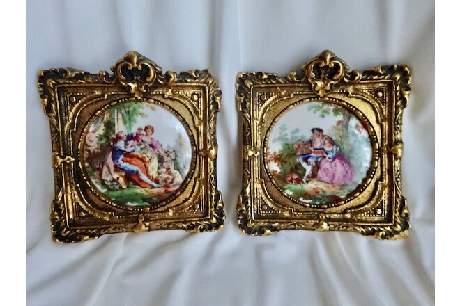 2 Vintage Antique Romantic Victorian Porcelain Plaques Framed  4 1/2" sq. #E86