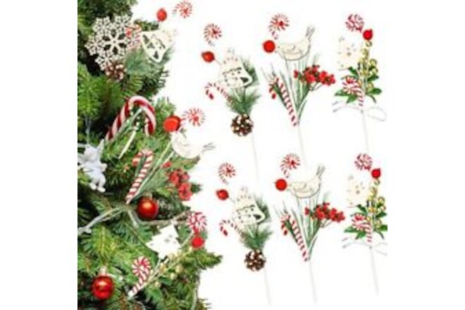 6pcs Christmas Tree Picks with Wooden Birds Jingle Bells, Christmas Tree Deco...
