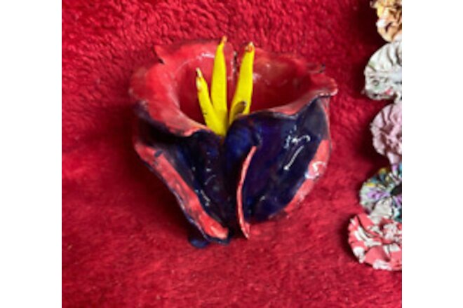 Handmade Pottery Small Flower Blossom Sculpture Red Yellow Blue