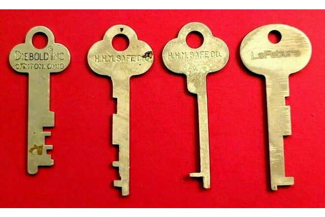 Lot of 4 Vtg Safe Deposit Box Keys Lefebure, DieBold Inc, & (2) HHM Safe Co.