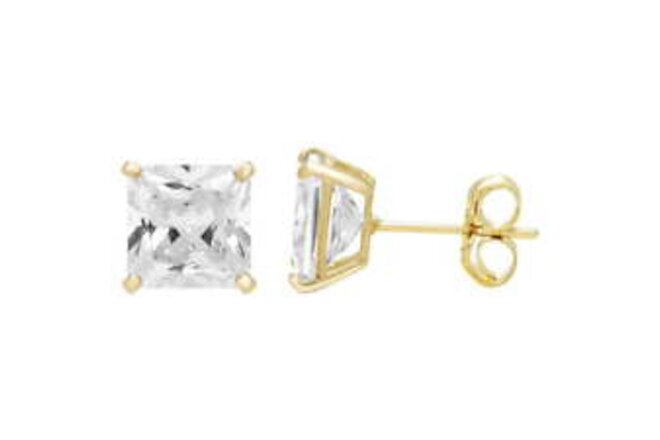 14k Yellow Gold Square Clear CZ Stud Earrings, 4mm to 8mm, with Post Back